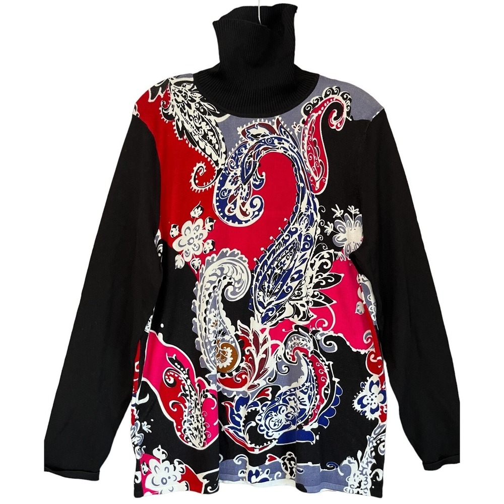 Turtleneck Sweater 90s Vintage Womens XL Black Red Paisley Swirl Granniecore